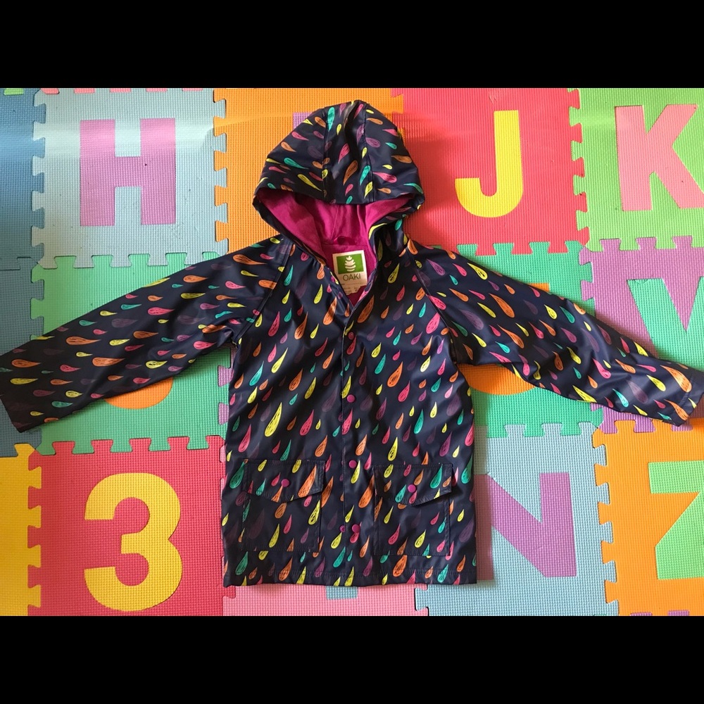 OAKI - Kids Raincoat with Colorful Raindrop Print - Navy Pink Lining
